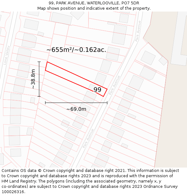 99, PARK AVENUE, WATERLOOVILLE, PO7 5DR: Plot and title map