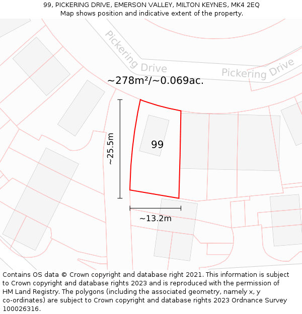 99, PICKERING DRIVE, EMERSON VALLEY, MILTON KEYNES, MK4 2EQ: Plot and title map