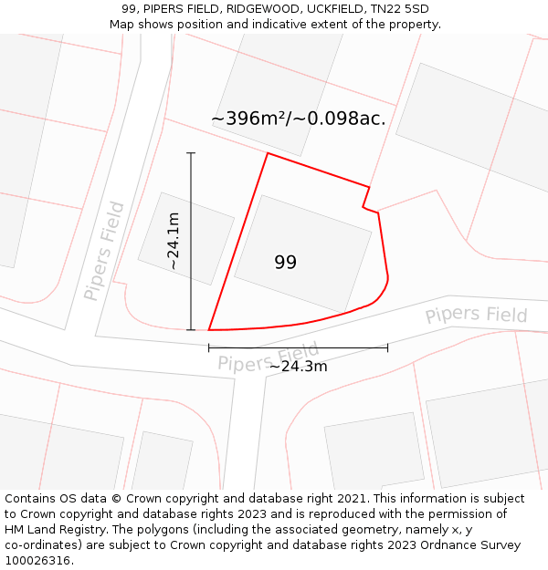 99, PIPERS FIELD, RIDGEWOOD, UCKFIELD, TN22 5SD: Plot and title map