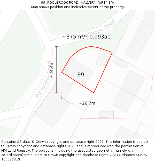 99, POOLBROOK ROAD, MALVERN, WR14 3JW: Plot and title map