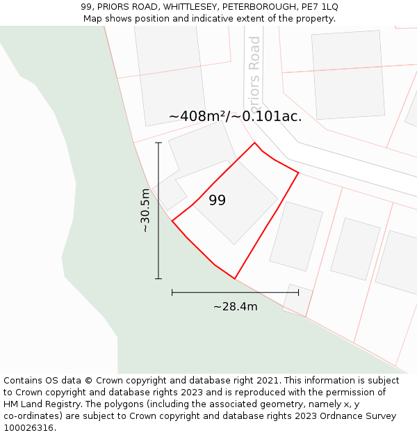 99, PRIORS ROAD, WHITTLESEY, PETERBOROUGH, PE7 1LQ: Plot and title map