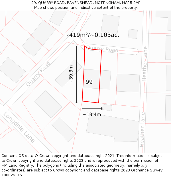 99, QUARRY ROAD, RAVENSHEAD, NOTTINGHAM, NG15 9AP: Plot and title map