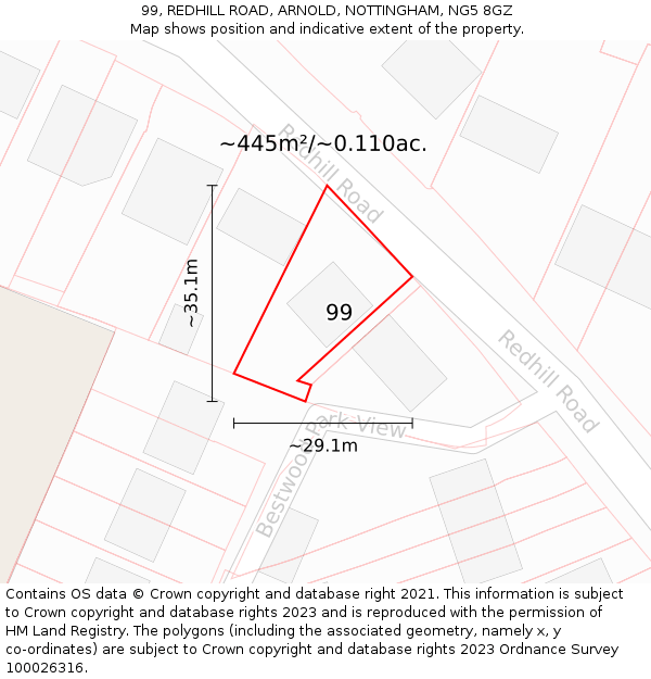 99, REDHILL ROAD, ARNOLD, NOTTINGHAM, NG5 8GZ: Plot and title map