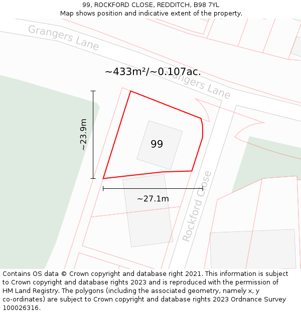 99, ROCKFORD CLOSE, REDDITCH, B98 7YL: Plot and title map