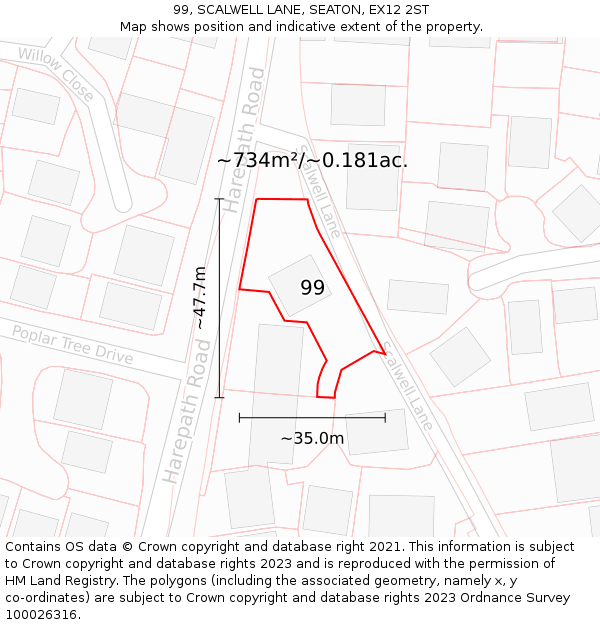 99, SCALWELL LANE, SEATON, EX12 2ST: Plot and title map