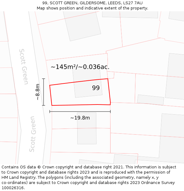 99, SCOTT GREEN, GILDERSOME, LEEDS, LS27 7AU: Plot and title map