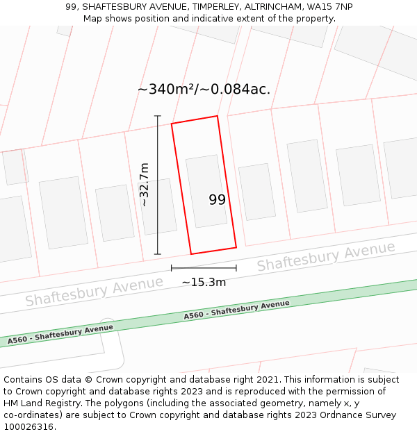 99, SHAFTESBURY AVENUE, TIMPERLEY, ALTRINCHAM, WA15 7NP: Plot and title map