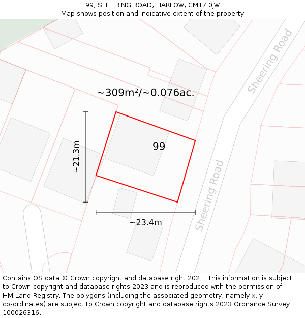 99, SHEERING ROAD, HARLOW, CM17 0JW: Plot and title map