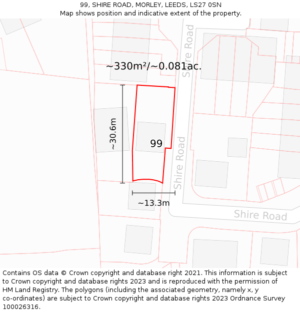 99, SHIRE ROAD, MORLEY, LEEDS, LS27 0SN: Plot and title map