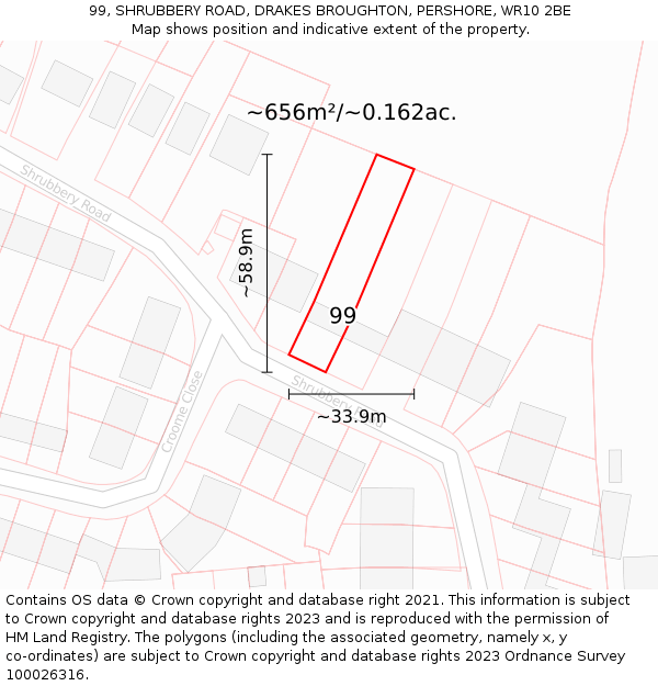 99, SHRUBBERY ROAD, DRAKES BROUGHTON, PERSHORE, WR10 2BE: Plot and title map