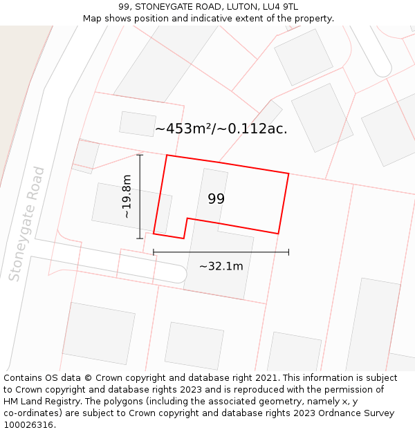 99, STONEYGATE ROAD, LUTON, LU4 9TL: Plot and title map