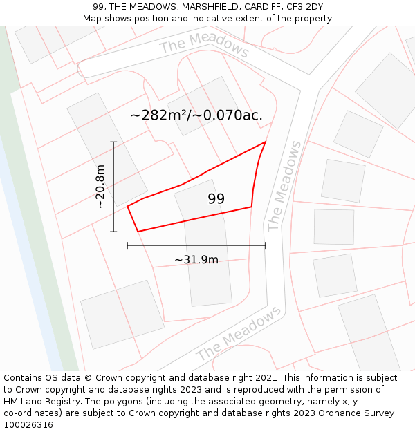 99, THE MEADOWS, MARSHFIELD, CARDIFF, CF3 2DY: Plot and title map