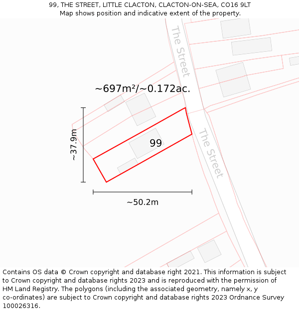 99, THE STREET, LITTLE CLACTON, CLACTON-ON-SEA, CO16 9LT: Plot and title map