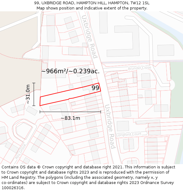 99, UXBRIDGE ROAD, HAMPTON HILL, HAMPTON, TW12 1SL: Plot and title map