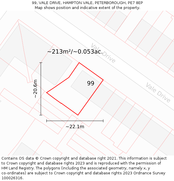 99, VALE DRIVE, HAMPTON VALE, PETERBOROUGH, PE7 8EP: Plot and title map