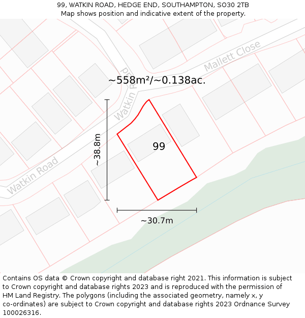 99, WATKIN ROAD, HEDGE END, SOUTHAMPTON, SO30 2TB: Plot and title map