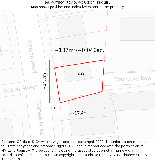 99, WATSON ROAD, WORKSOP, S80 2BL: Plot and title map