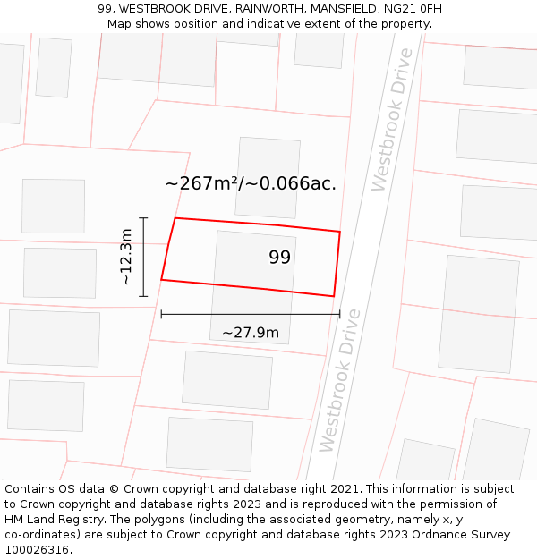 99, WESTBROOK DRIVE, RAINWORTH, MANSFIELD, NG21 0FH: Plot and title map