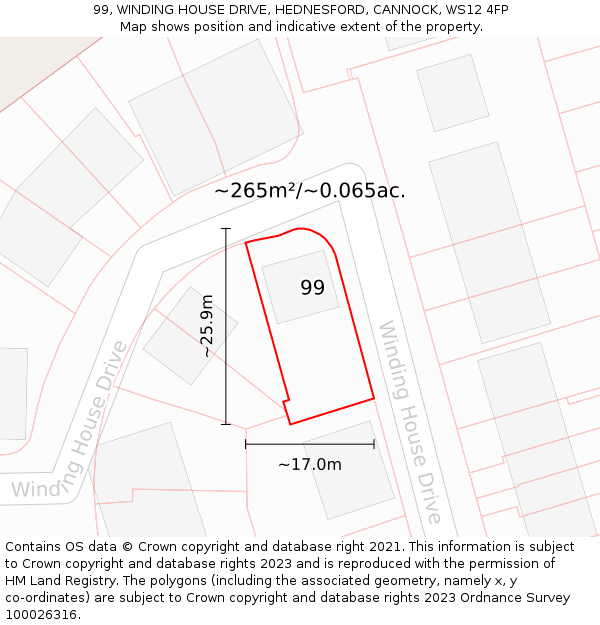 99, WINDING HOUSE DRIVE, HEDNESFORD, CANNOCK, WS12 4FP: Plot and title map