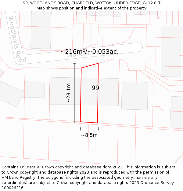 99, WOODLANDS ROAD, CHARFIELD, WOTTON-UNDER-EDGE, GL12 8LT: Plot and title map