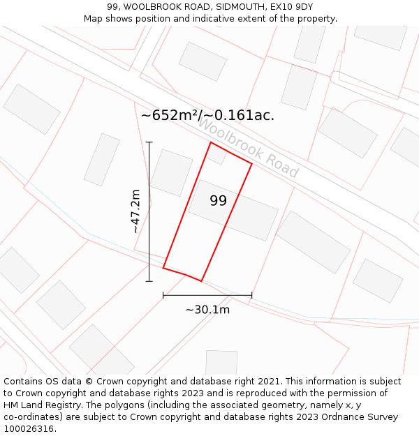 99, WOOLBROOK ROAD, SIDMOUTH, EX10 9DY: Plot and title map