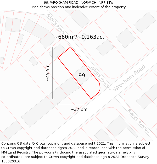 99, WROXHAM ROAD, NORWICH, NR7 8TW: Plot and title map