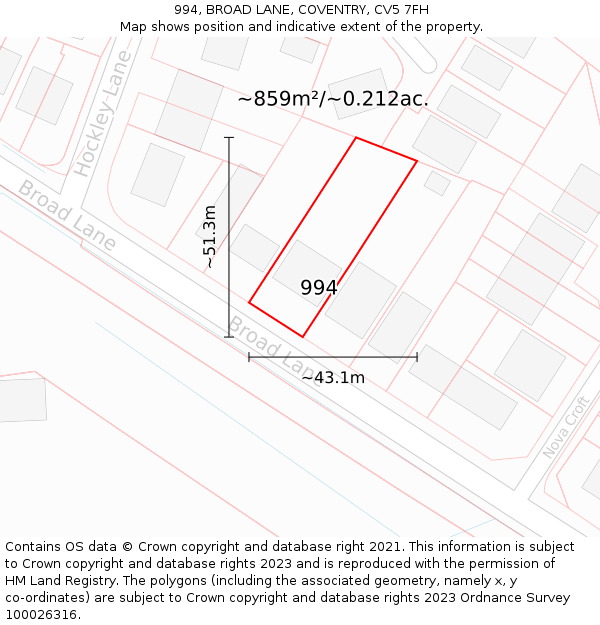 994, BROAD LANE, COVENTRY, CV5 7FH: Plot and title map