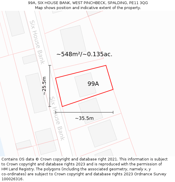 99A, SIX HOUSE BANK, WEST PINCHBECK, SPALDING, PE11 3QG: Plot and title map