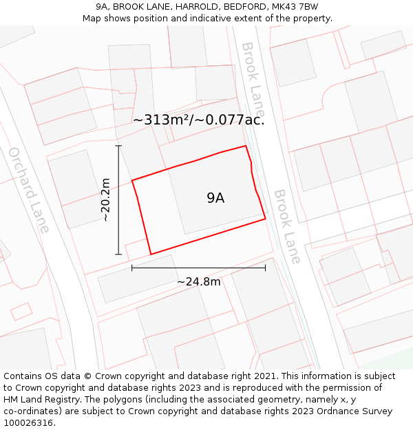 9A, BROOK LANE, HARROLD, BEDFORD, MK43 7BW: Plot and title map