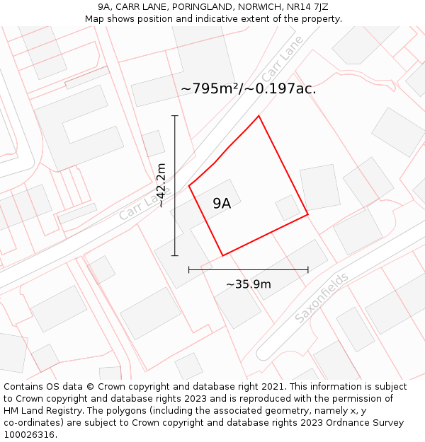 9A, CARR LANE, PORINGLAND, NORWICH, NR14 7JZ: Plot and title map