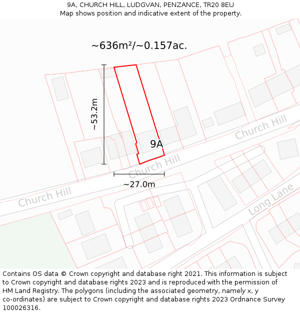 9A, CHURCH HILL, LUDGVAN, PENZANCE, TR20 8EU: Plot and title map