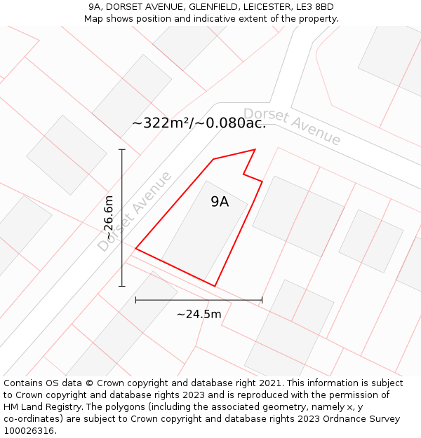 9A, DORSET AVENUE, GLENFIELD, LEICESTER, LE3 8BD: Plot and title map