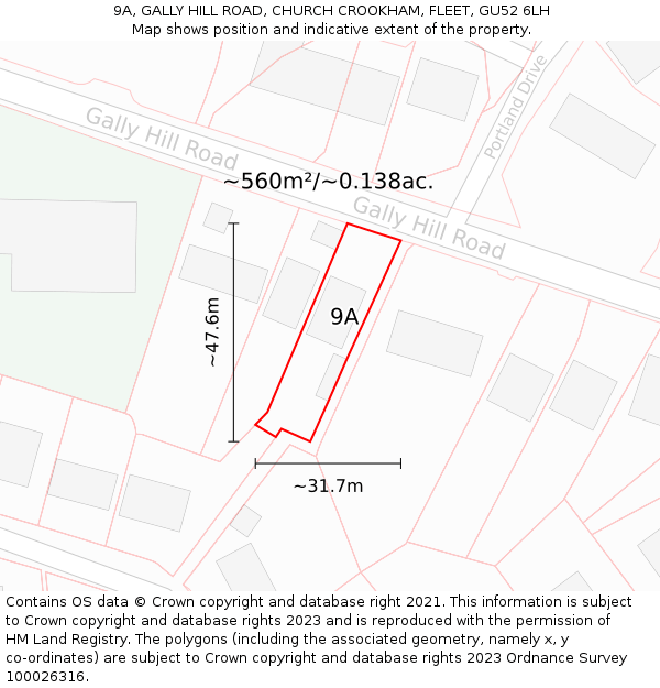 9A, GALLY HILL ROAD, CHURCH CROOKHAM, FLEET, GU52 6LH: Plot and title map