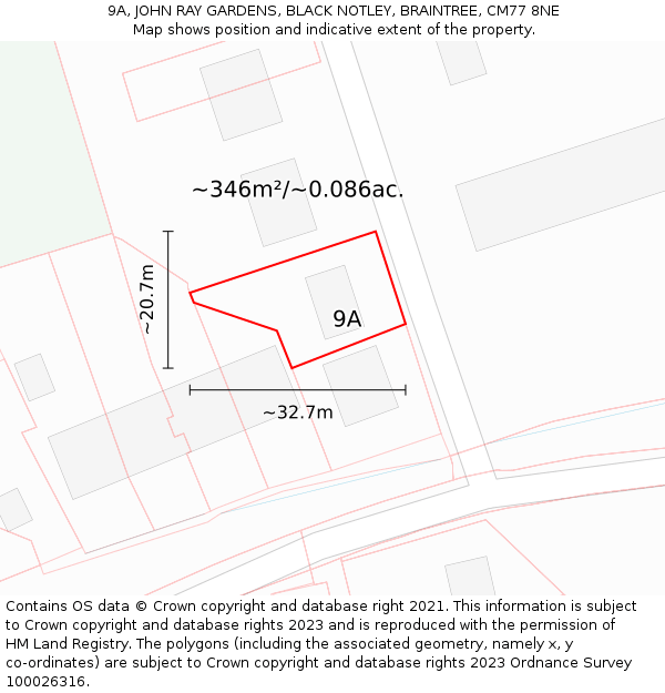 9A, JOHN RAY GARDENS, BLACK NOTLEY, BRAINTREE, CM77 8NE: Plot and title map