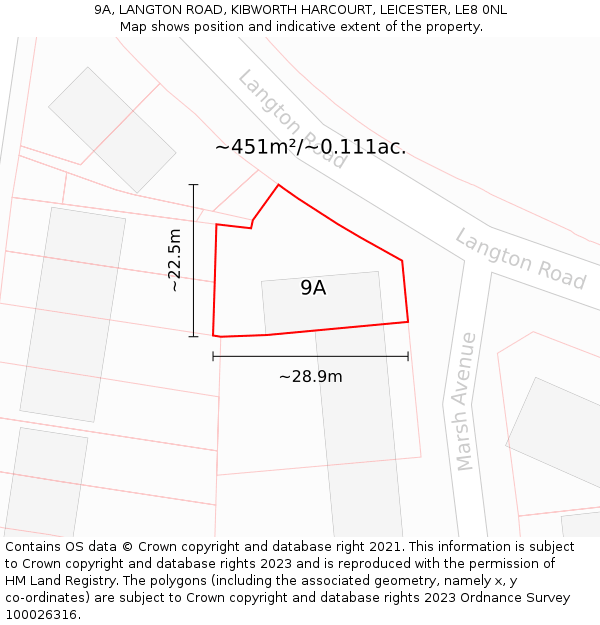 9A, LANGTON ROAD, KIBWORTH HARCOURT, LEICESTER, LE8 0NL: Plot and title map