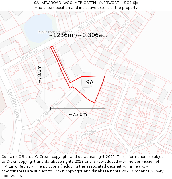 9A, NEW ROAD, WOOLMER GREEN, KNEBWORTH, SG3 6JX: Plot and title map