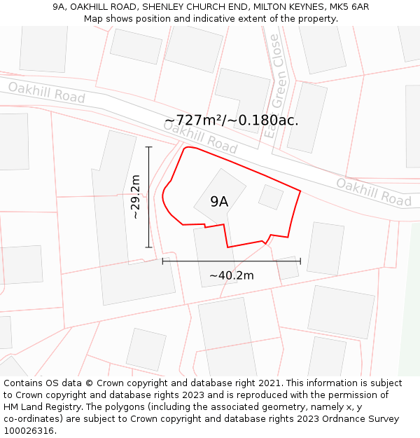 9A, OAKHILL ROAD, SHENLEY CHURCH END, MILTON KEYNES, MK5 6AR: Plot and title map