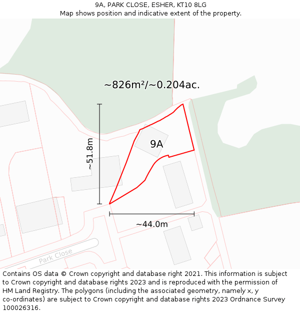 9A, PARK CLOSE, ESHER, KT10 8LG: Plot and title map