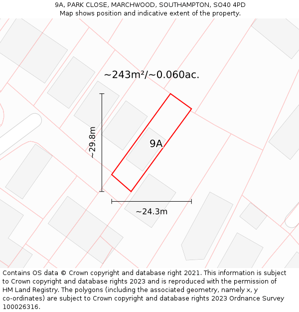 9A, PARK CLOSE, MARCHWOOD, SOUTHAMPTON, SO40 4PD: Plot and title map