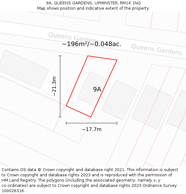 9A, QUEENS GARDENS, UPMINSTER, RM14 1NQ: Plot and title map