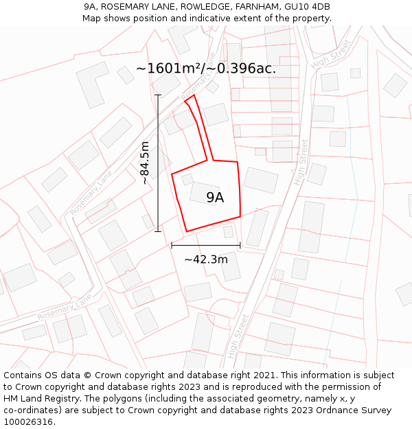 9A, ROSEMARY LANE, ROWLEDGE, FARNHAM, GU10 4DB: Plot and title map