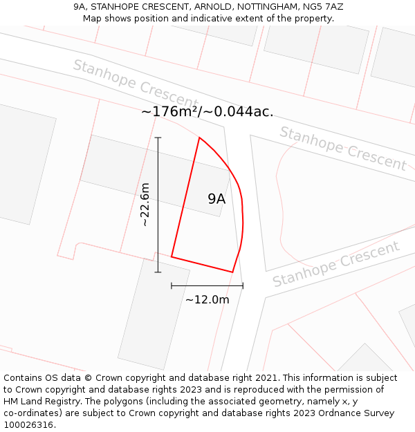 9A, STANHOPE CRESCENT, ARNOLD, NOTTINGHAM, NG5 7AZ: Plot and title map