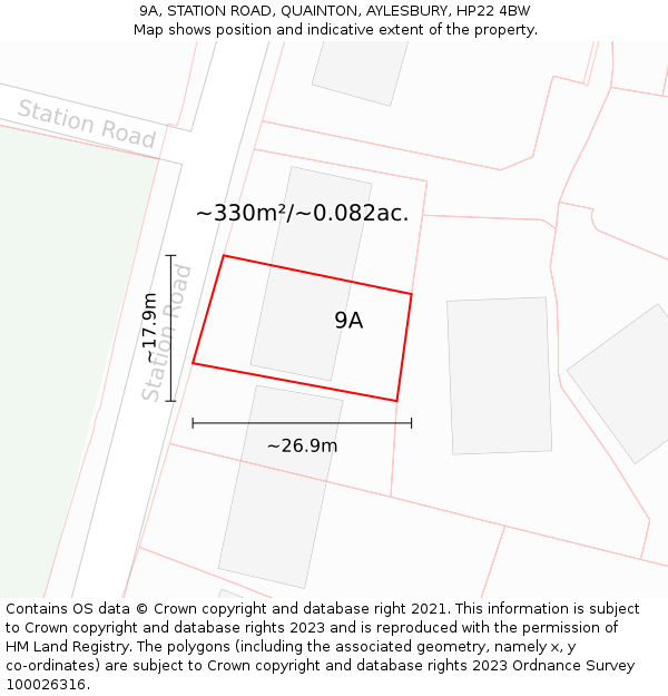 9A, STATION ROAD, QUAINTON, AYLESBURY, HP22 4BW: Plot and title map