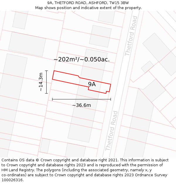 9A, THETFORD ROAD, ASHFORD, TW15 3BW: Plot and title map