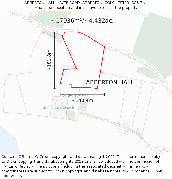 ABBERTON HALL, LAYER ROAD, ABBERTON, COLCHESTER, CO5 7NH: Plot and title map