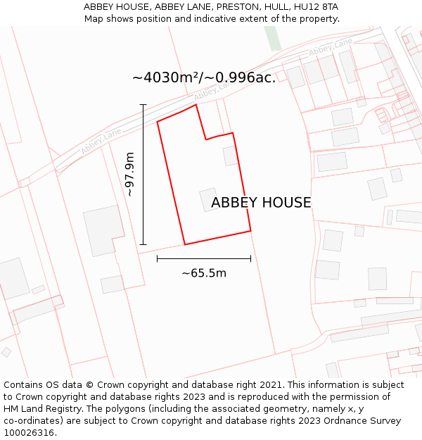 ABBEY HOUSE, ABBEY LANE, PRESTON, HULL, HU12 8TA: Plot and title map