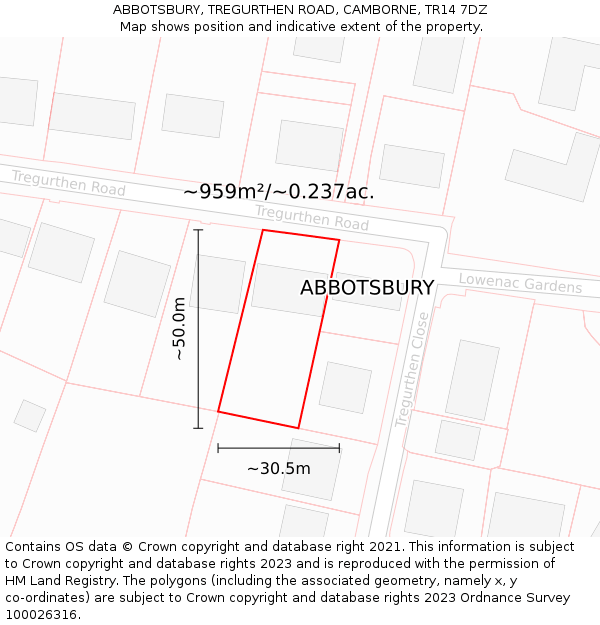 ABBOTSBURY, TREGURTHEN ROAD, CAMBORNE, TR14 7DZ: Plot and title map