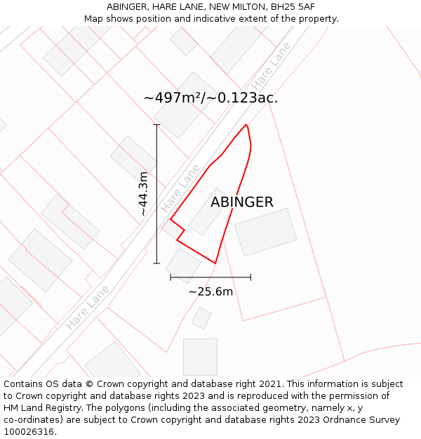 ABINGER, HARE LANE, NEW MILTON, BH25 5AF: Plot and title map