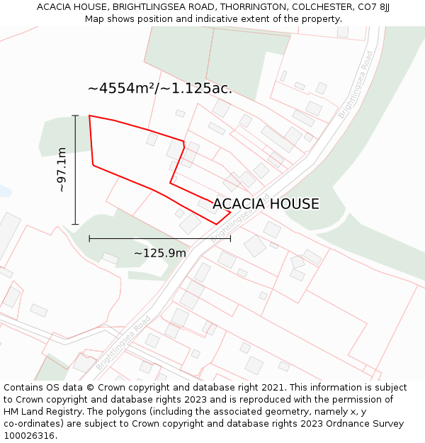 ACACIA HOUSE, BRIGHTLINGSEA ROAD, THORRINGTON, COLCHESTER, CO7 8JJ: Plot and title map