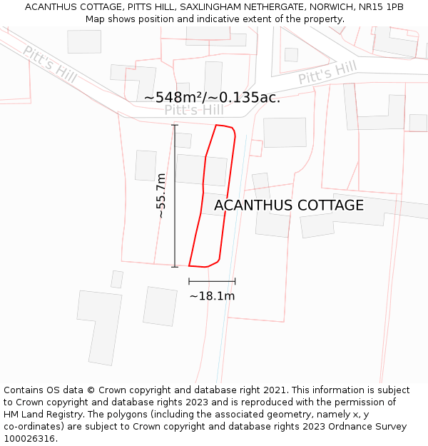 ACANTHUS COTTAGE, PITTS HILL, SAXLINGHAM NETHERGATE, NORWICH, NR15 1PB: Plot and title map